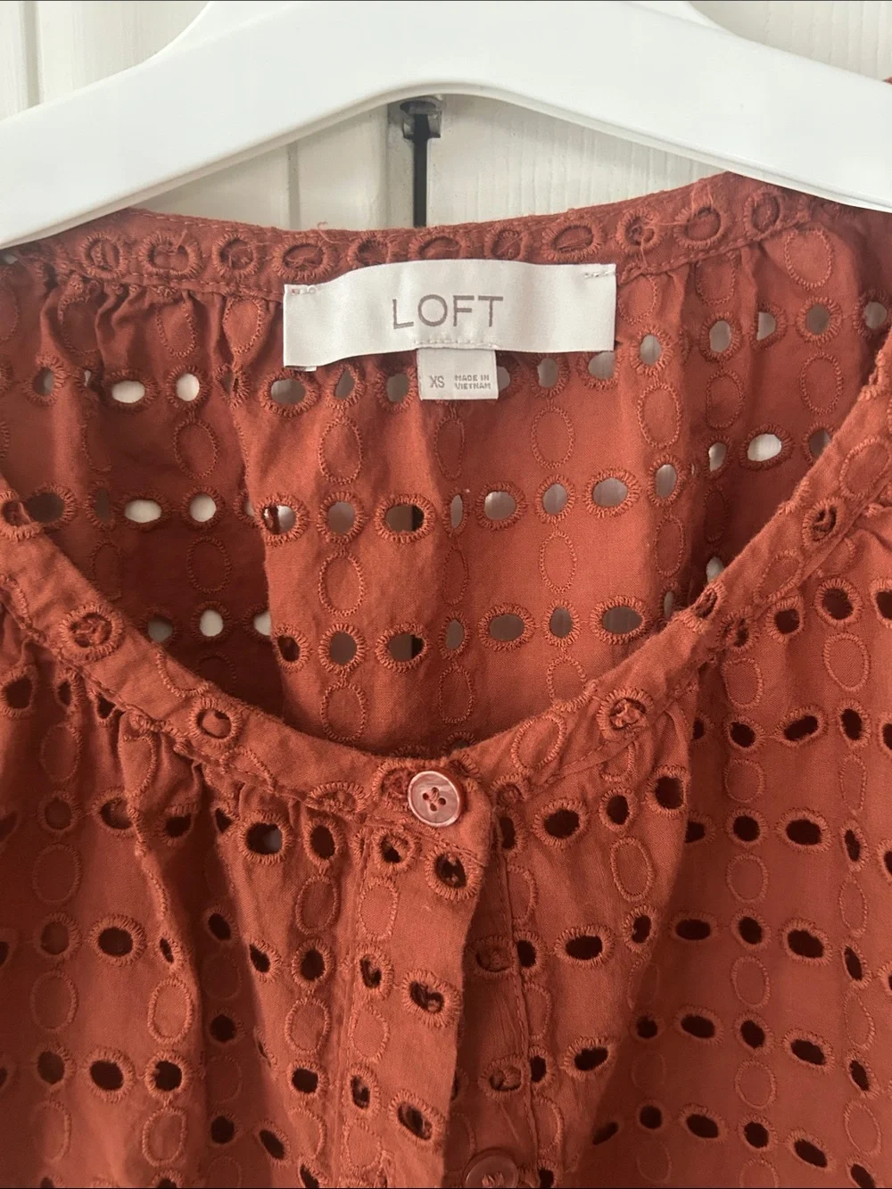 LOFT Rust Eyelet Short Sleeve Button-Up Blouse